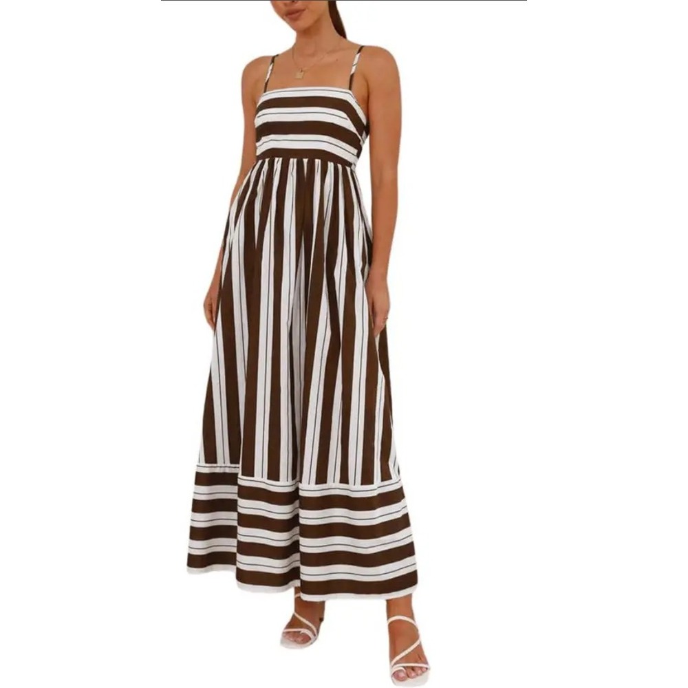 Generic Striped Maxi Dress Women Small Brown White Smocked Boho Coastal